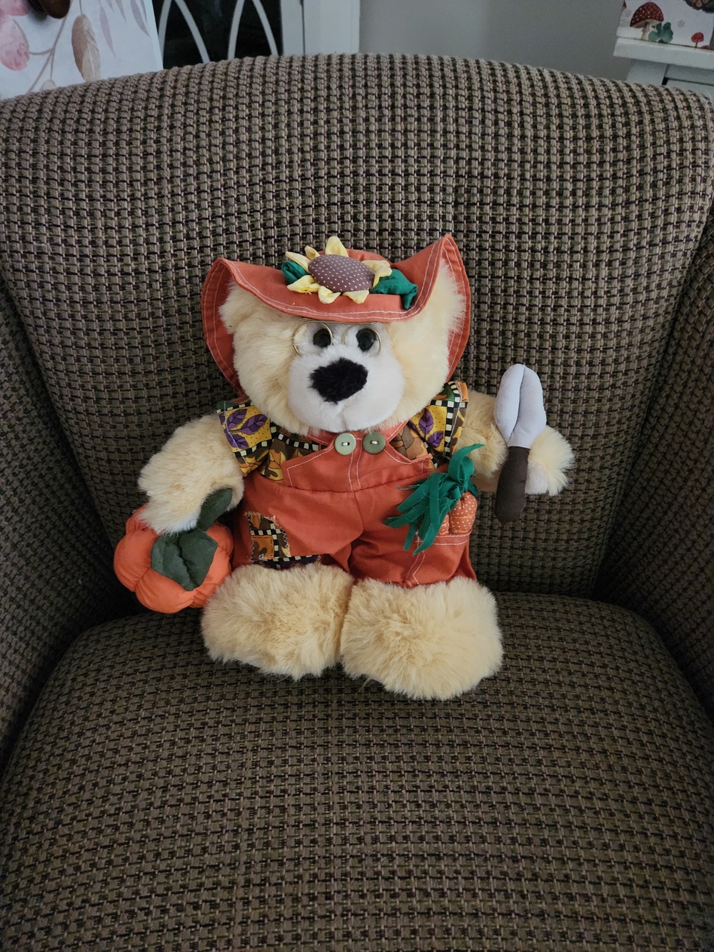 Fall Harvest Plush Bear in Orange Overalls and Hat